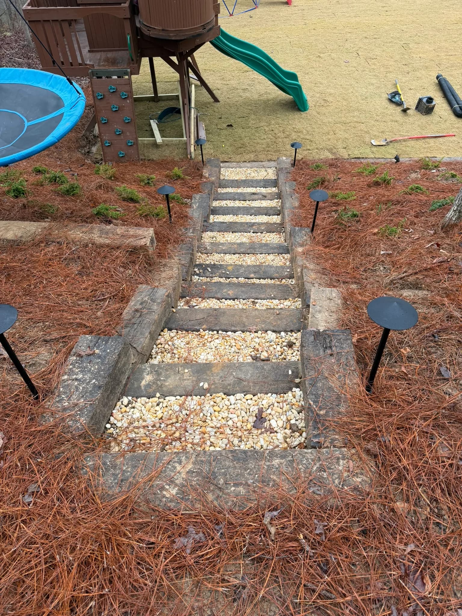 Cross Tie Retaining Wall, Stairs & Backyard Grading — photo 15